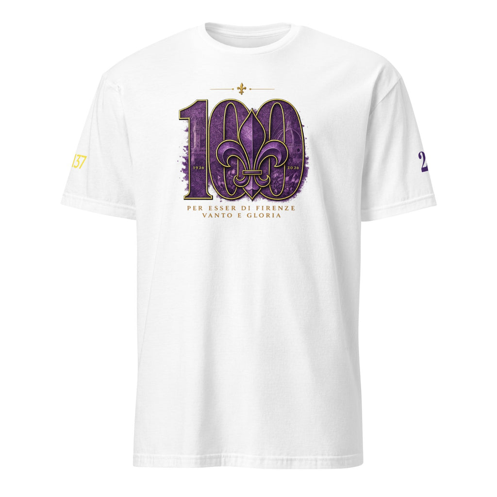 T-shirt bianca Centenario Fiorentina 1926–2026 versione 2 fronte