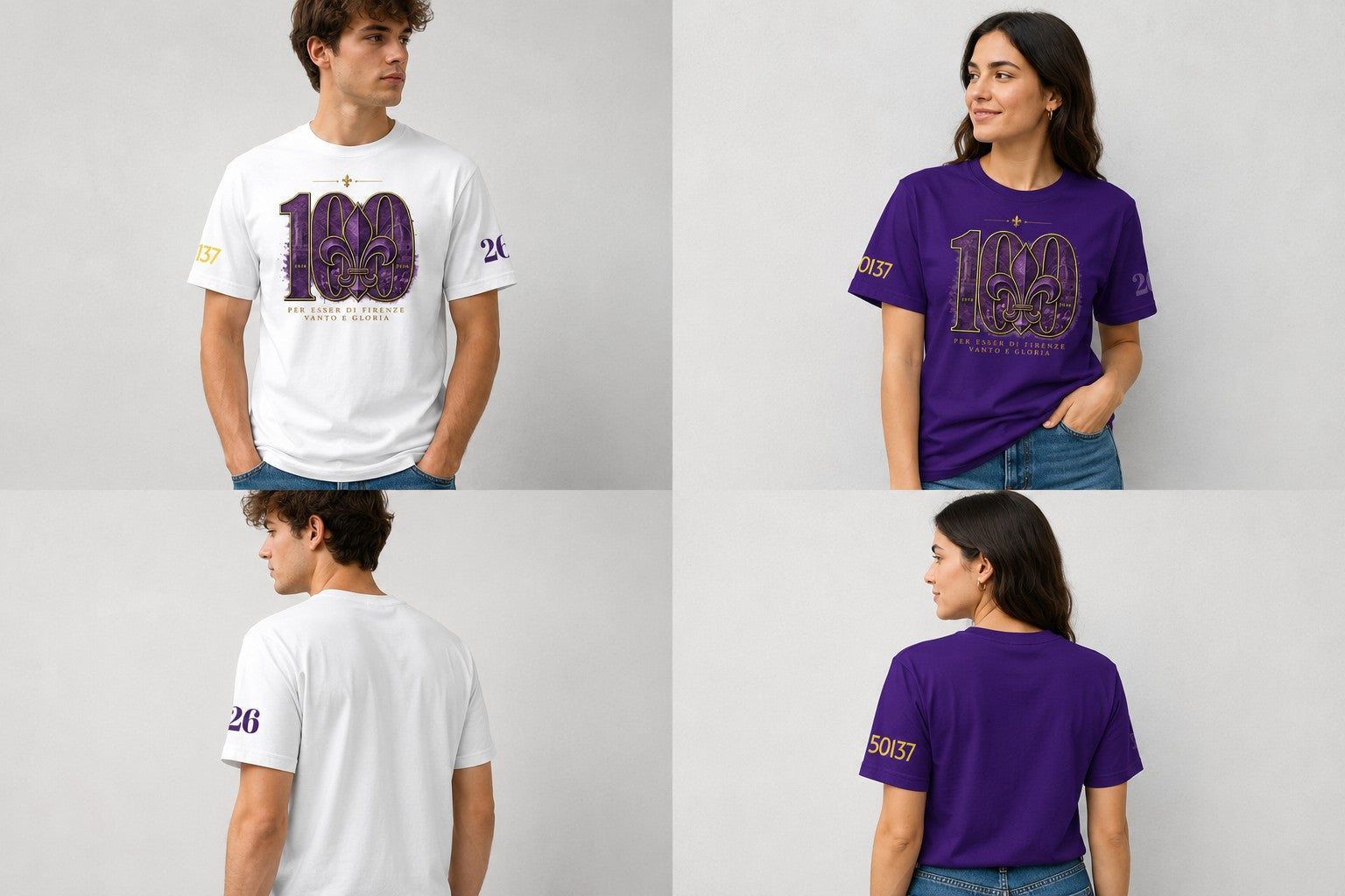 Mockup uomo e donna con t-shirt bianca e viola Centenario Fiorentina 1926-2026 GALESPORT