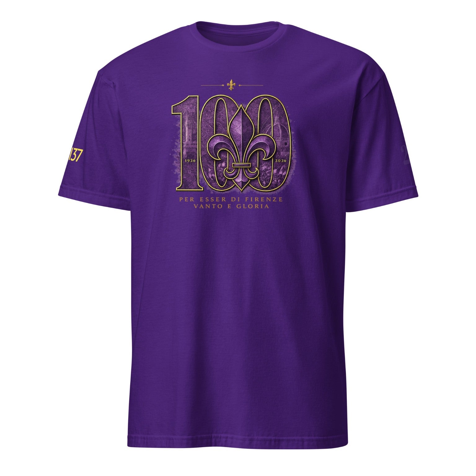 T-shirt viola Centenario Fiorentina 1926–2026 versione 3 fronte
