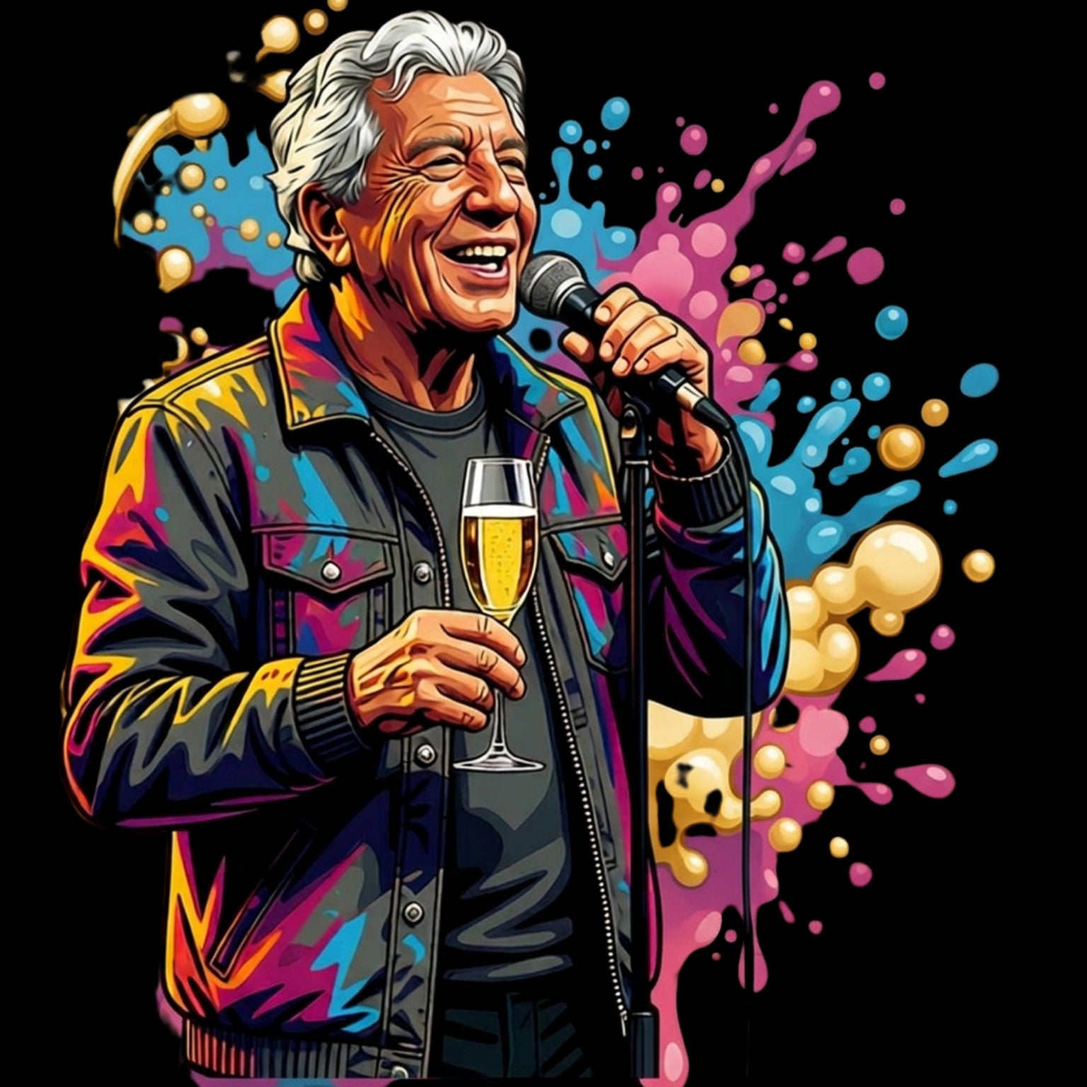 Grafica GALESPORT ispirata a Peppino di Capri e Champagne con microfono e calice
